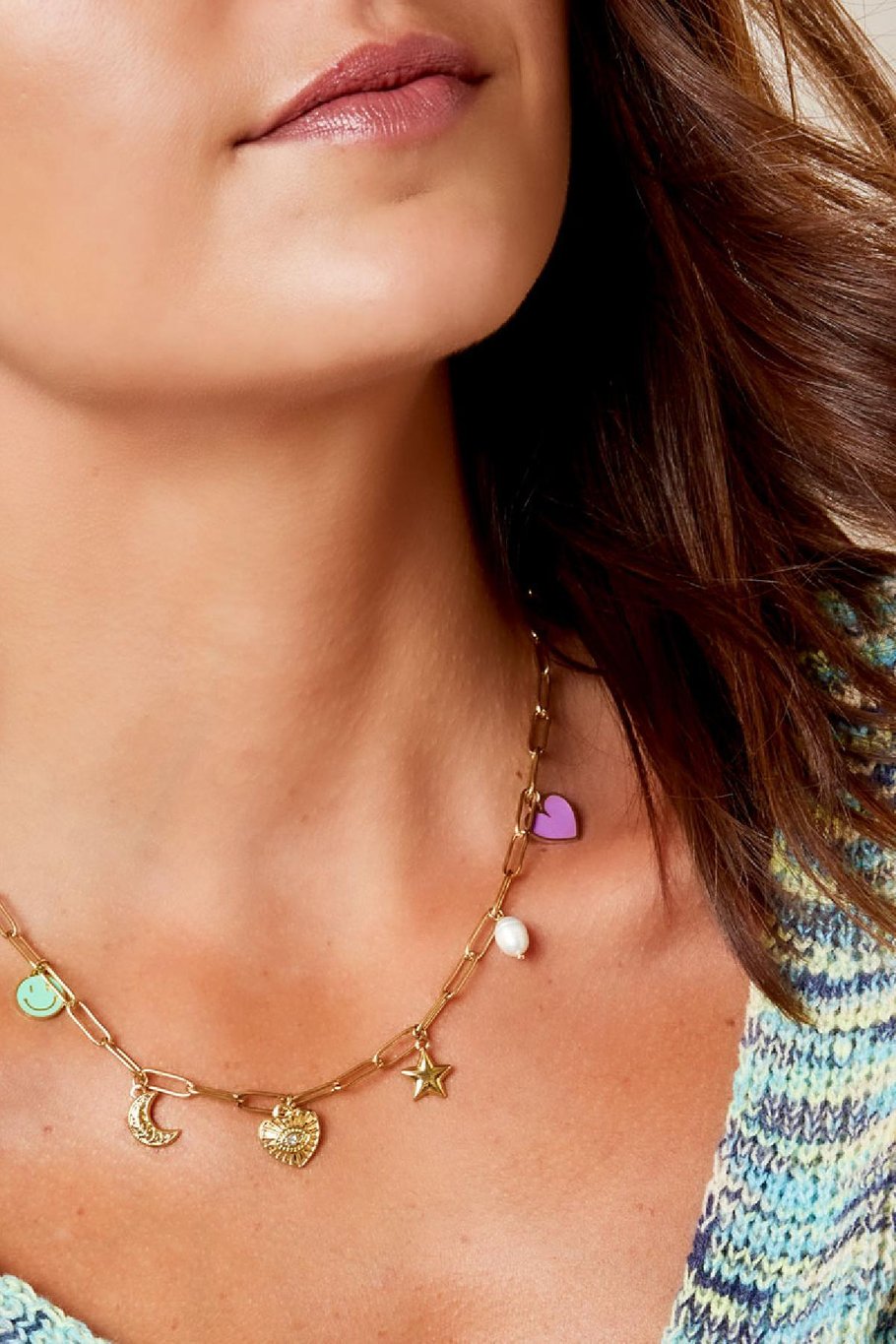 Yehwang Halskette, Verknüpfte Halskette mit sechs Charms Silber Edelstahl