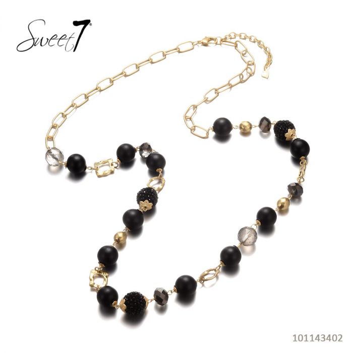 Sweet7 Halskette Langkette Schwarze und Matt-Goldene Elemente
