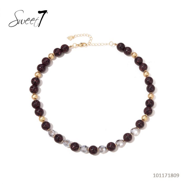 Sweet7 Halskette Kurzkette Schwarz-Lila und Matt Golden Kralen, transparente Glasperlen