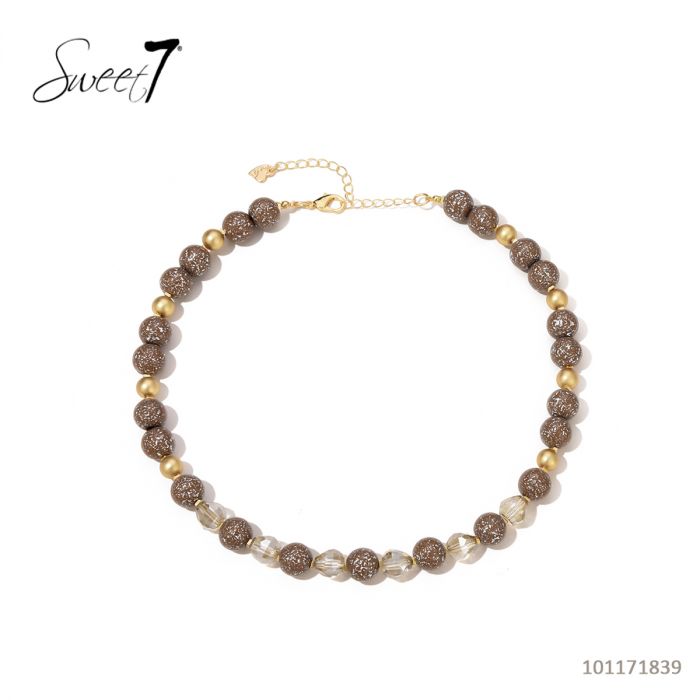 Sweet7 Halskette Kurzkette Taupe perlen mit Silbersprenkel, Matt goldene Kralen