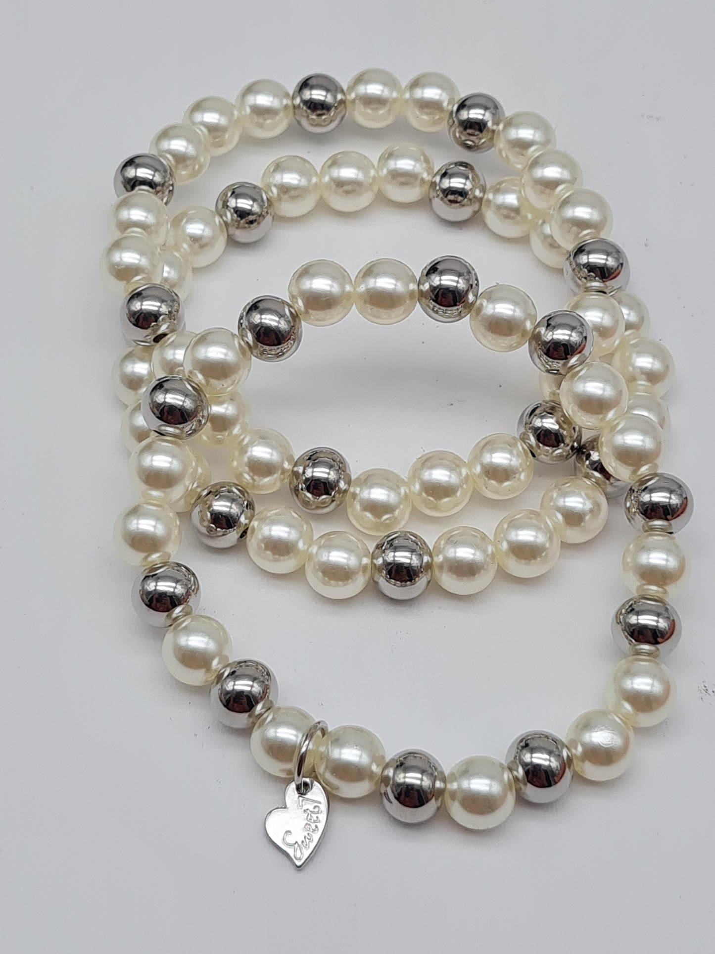 Sweet 7, Armband-Set, elastisch, Kunstperlen und Silberperlen