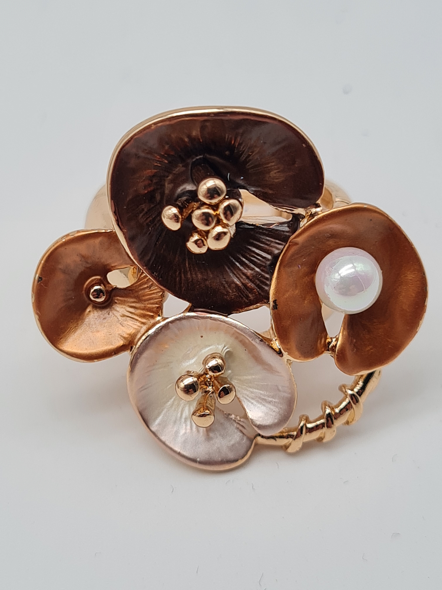 Amorino Ring, Elastischer Ring mit Emailliertem Volant, Lotusblätter Blau und Braun