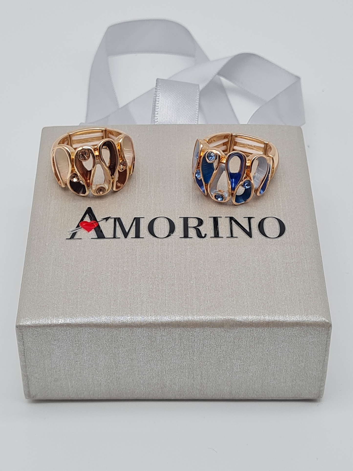 Amorino Ring, Elastischer Ring mit Emailliertem Volant, Zigzag Blau und Braun