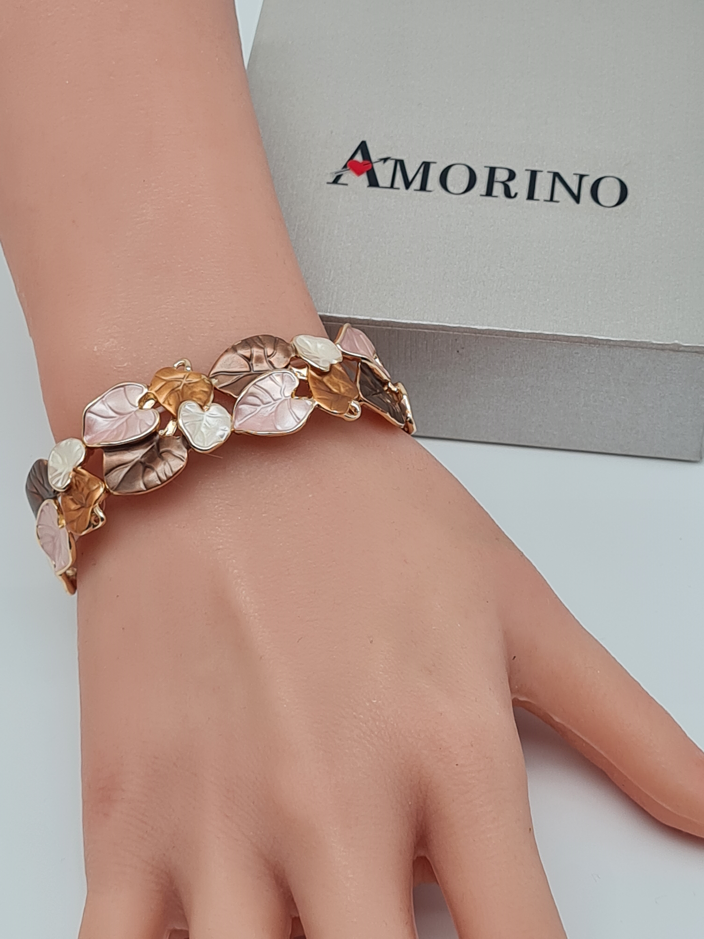 Amorino Armband, elastisch Tropenblätter in Lila-Braun und Grün-Töne
