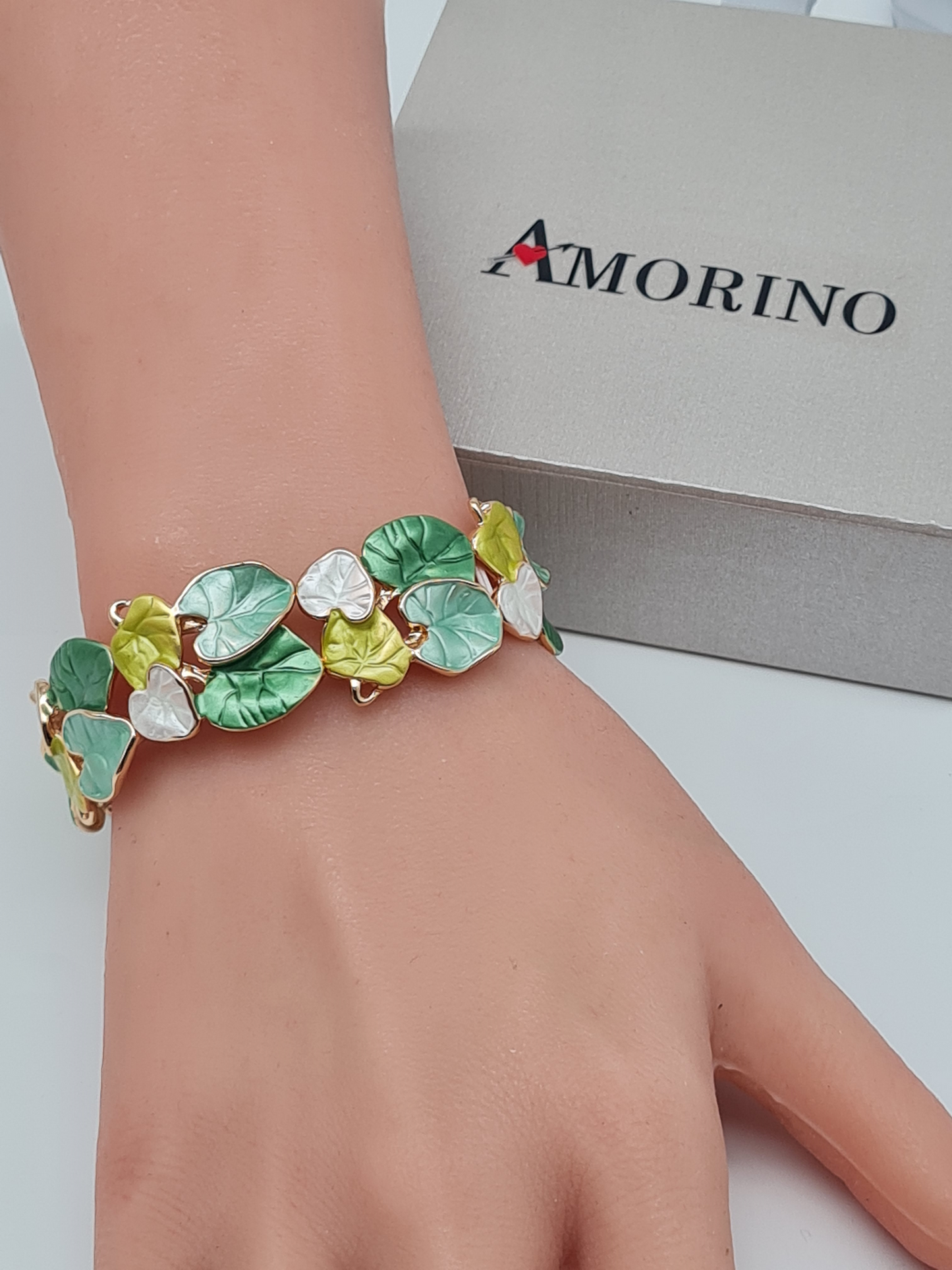 Amorino Armband, elastisch Tropenblätter in Lila-Braun und Grün-Töne