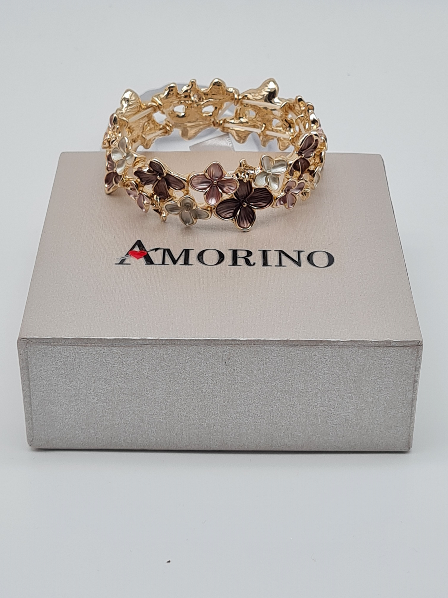 Amorino Armband, elastisch Blumenarmband, Kaffeebraun Beige und Lila