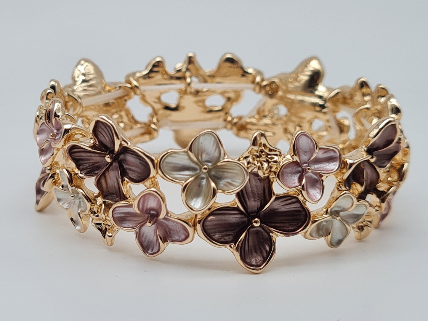 Amorino Armband, elastisch Blumenarmband, Kaffeebraun Beige und Lila