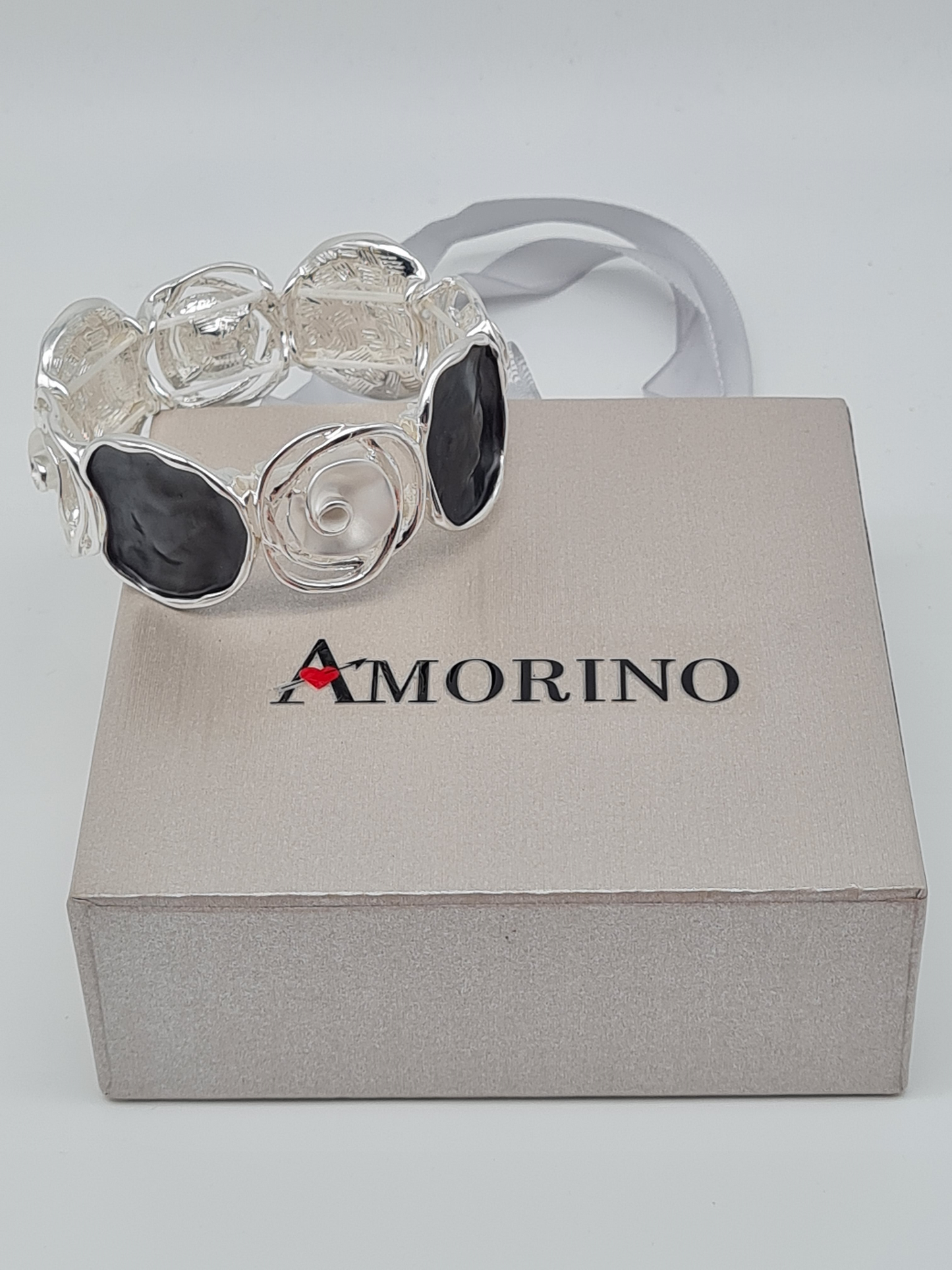 Amorino Armband, elastisch Anthrazitgrau Silberfarben und Weiße Elementen