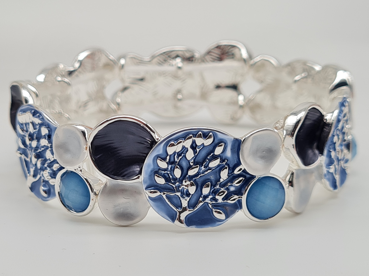 Amorino Armband, elastisches Armband Silber, Blau und Schwarzfarbig mit Lebensbaum