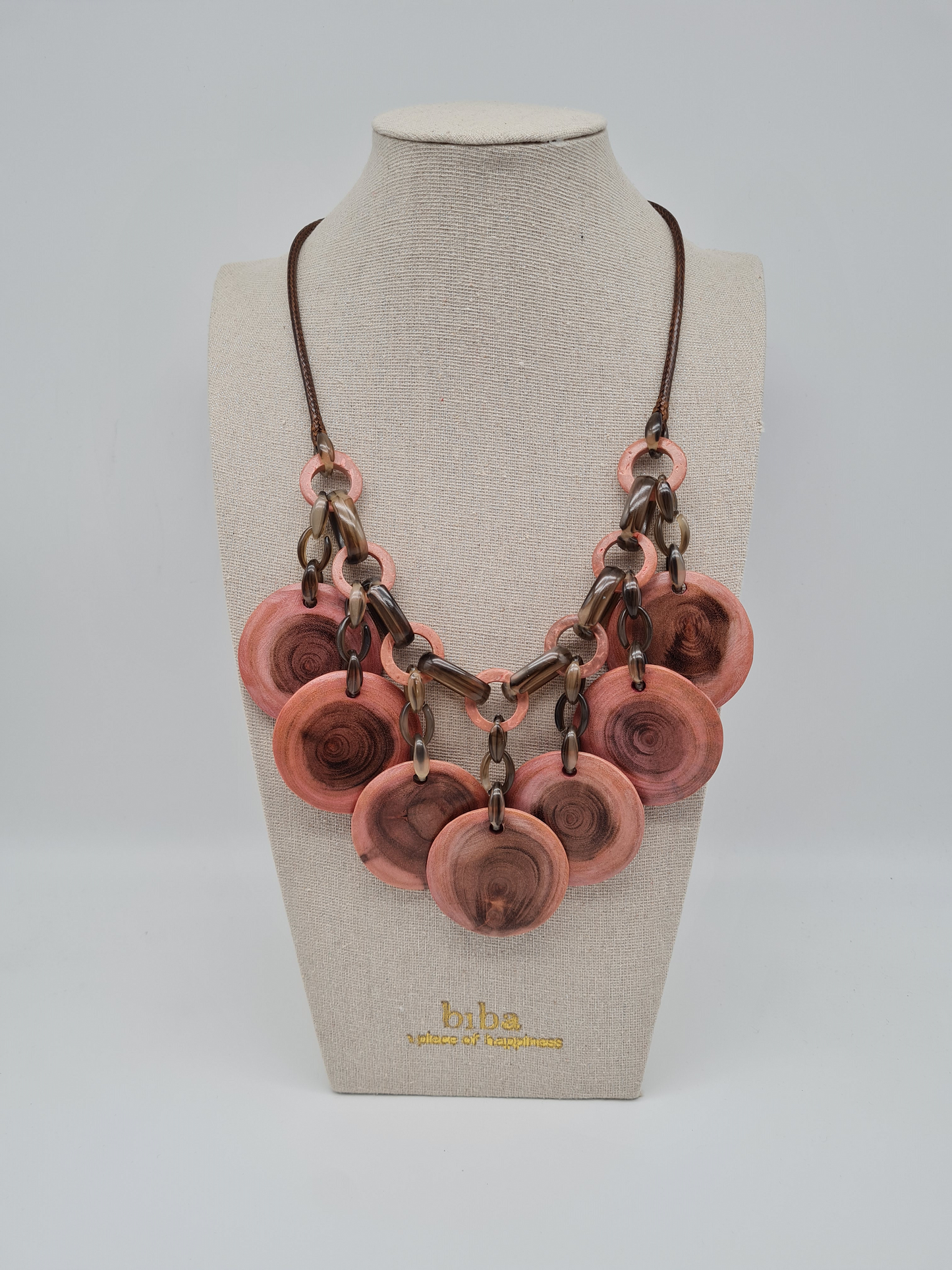 Biba Kurzhalskette aus Holz und Kunstleder in Altrosa und Braun Töne