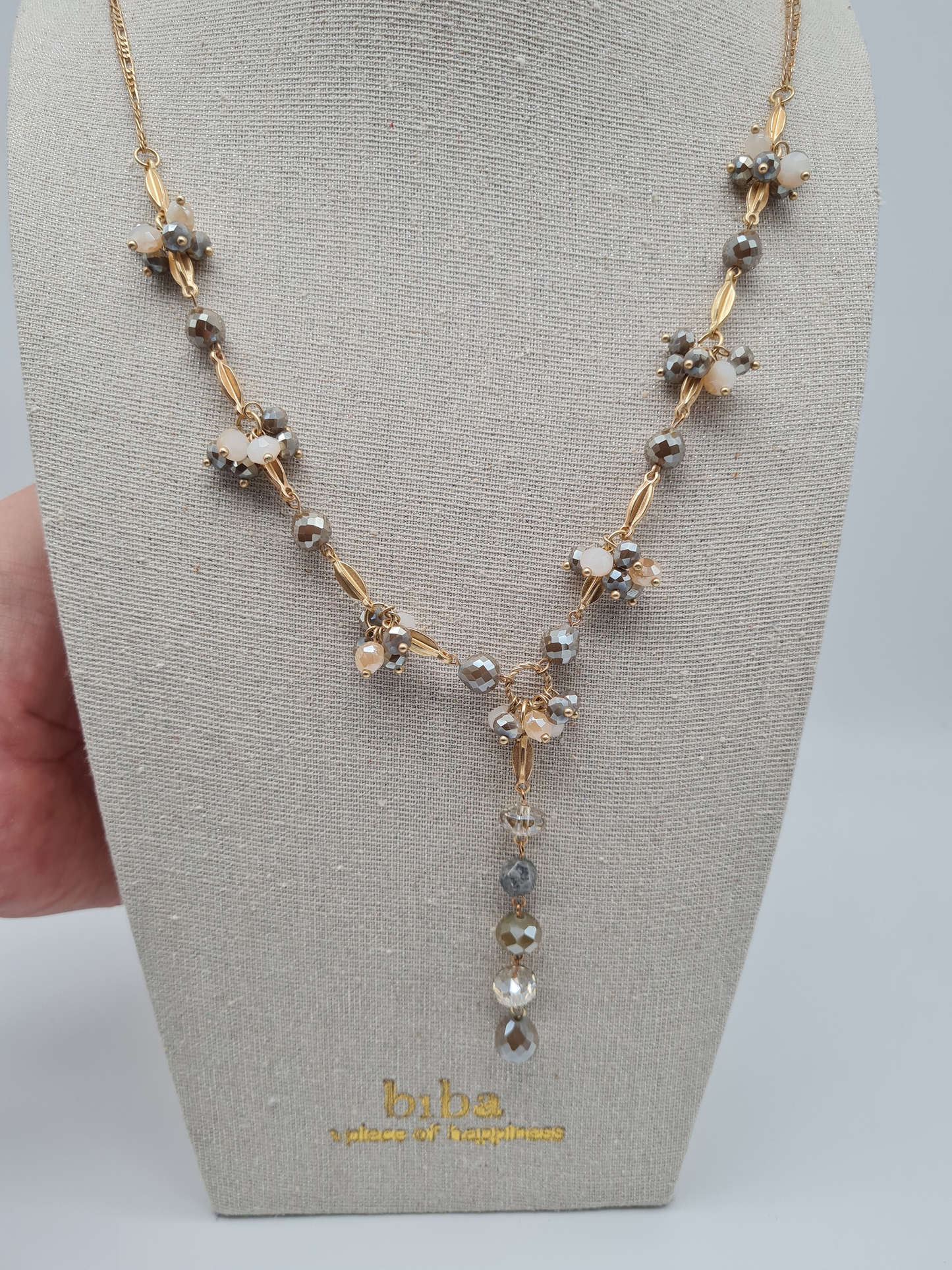 Biba Langhalskette Goldfarben mit Graue Crystal Perlen