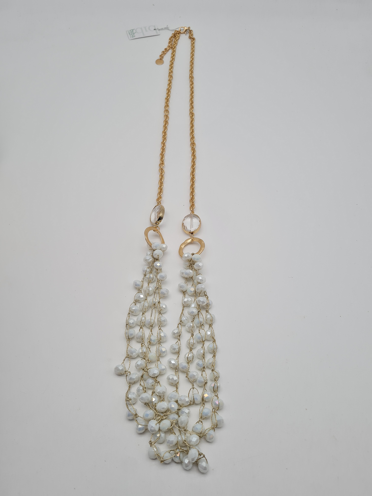 Biba Langhalskette Goldfarben mit Perlenanhänger in Creme-grau und Strassteinen