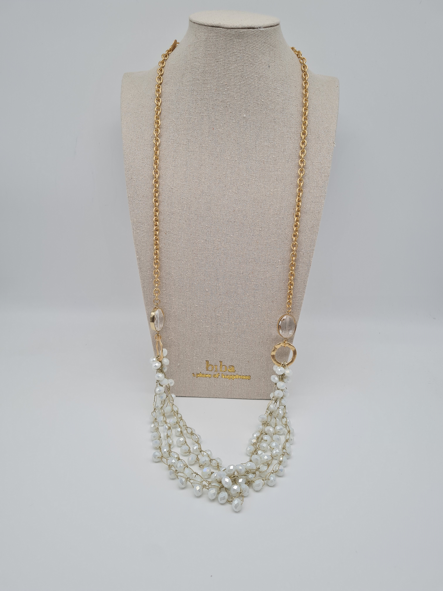 Biba Langhalskette Goldfarben mit Perlenanhänger in Creme-grau und Strassteinen
