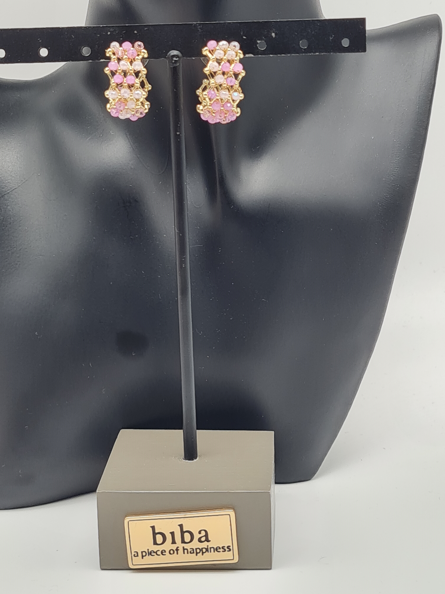 Biba Ohrringe, Creolen gewebte Optik mit Rosa Crystal Perlchen
