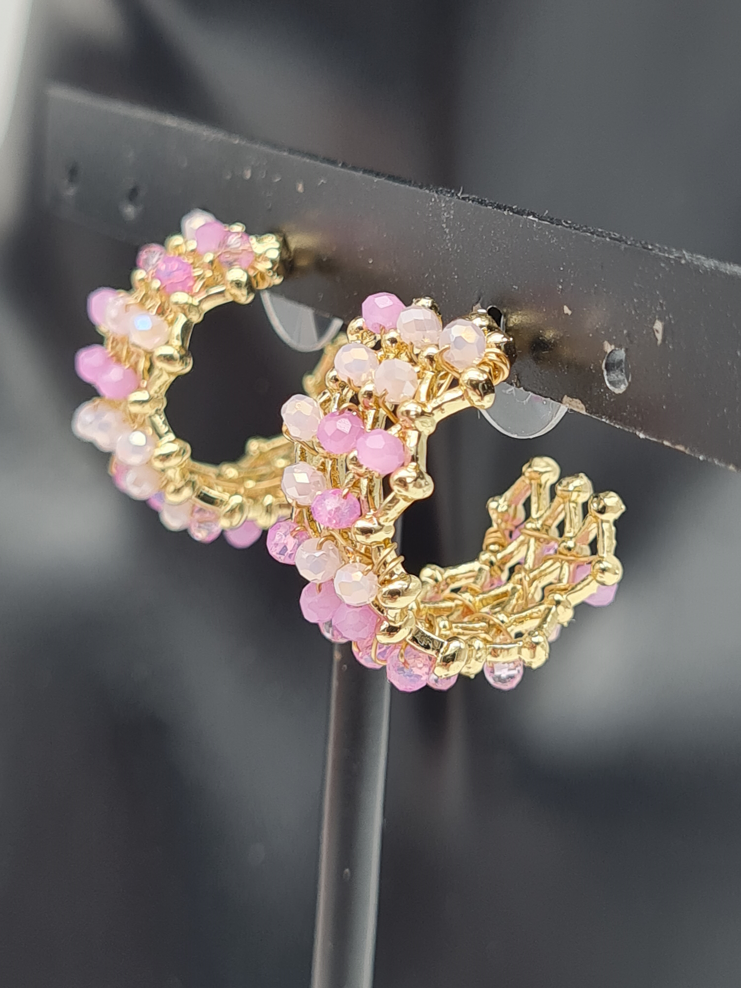 Biba Ohrringe, Creolen gewebte Optik mit Rosa Crystal Perlchen