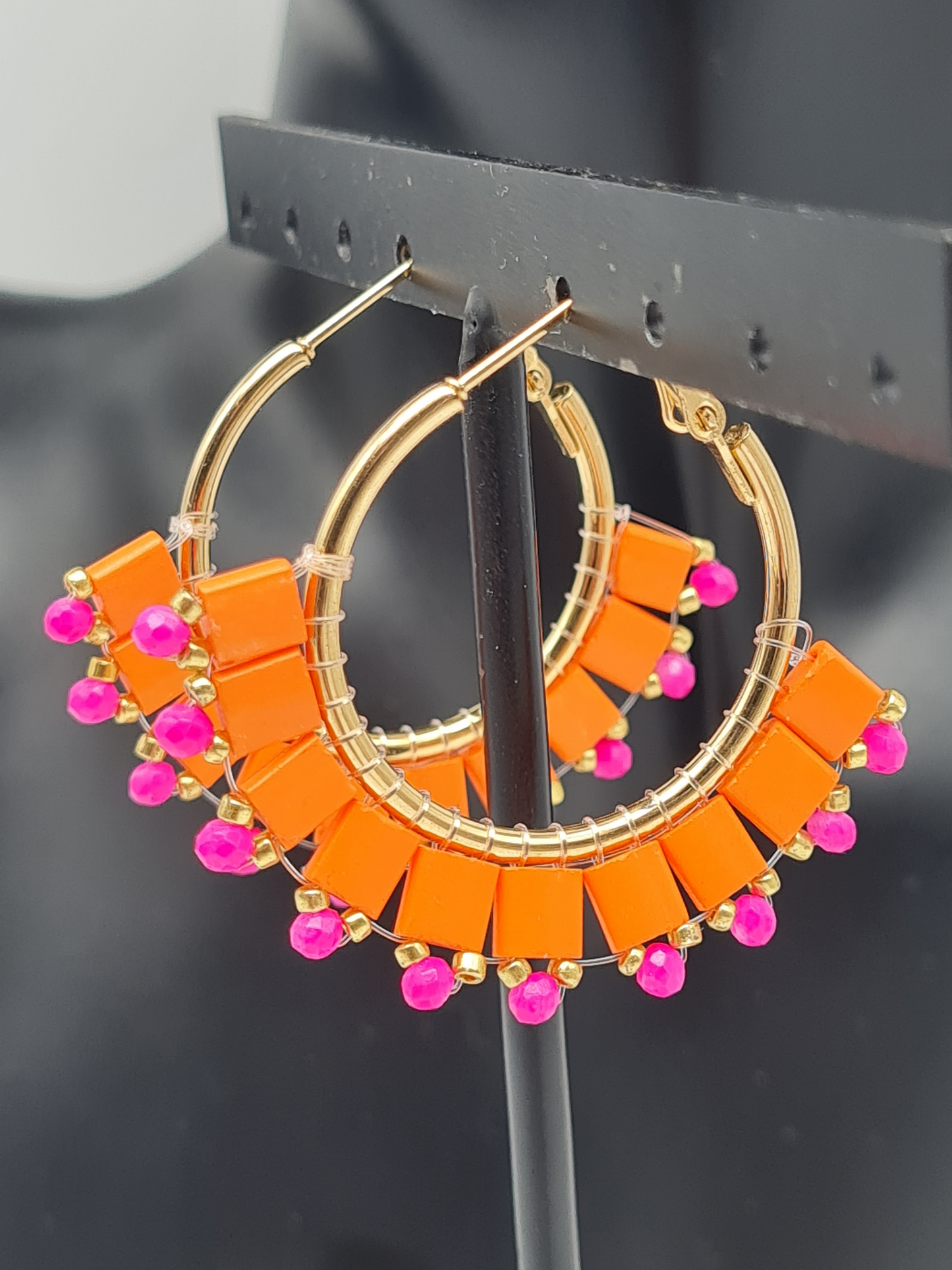 Wauw Ohrhänger Ohrringe Goldfarben Creolen Orange Pink Nickelfrei