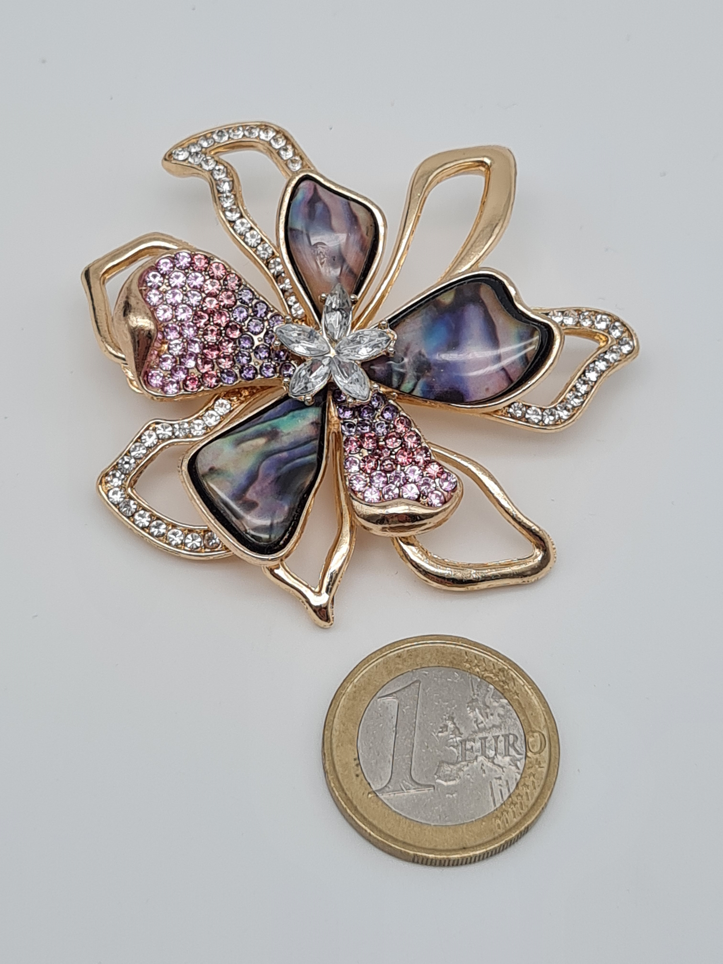 Brosche Golden kranz blume strass pink rosa schmetterling koralle modeschmuck