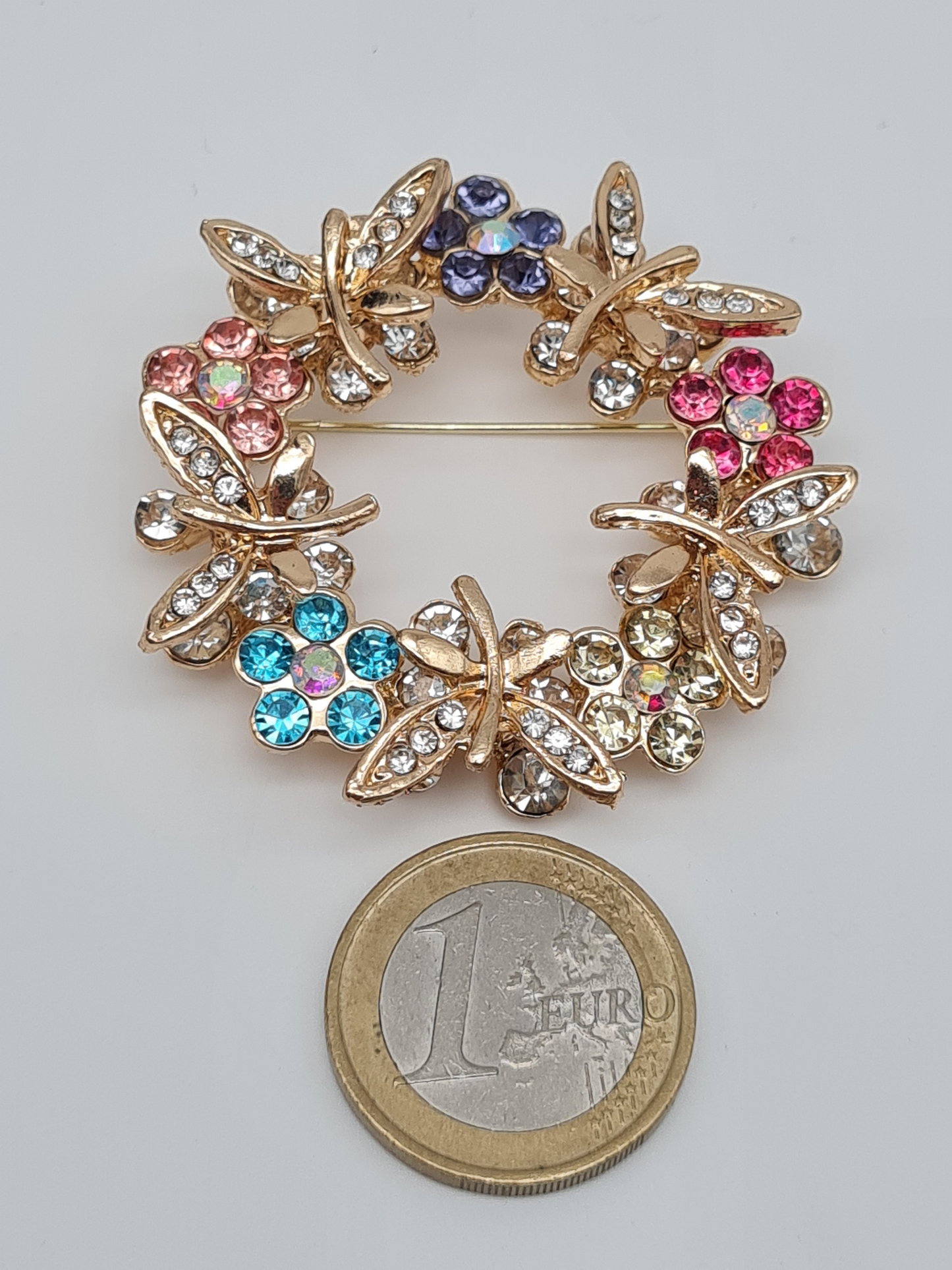 Brosche Golden kranz blume strass pink rosa schmetterling koralle modeschmuck