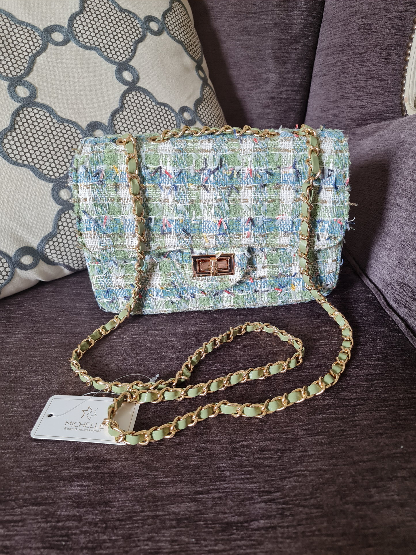 Umhängetasche Tweed Grün Pastell Crossbody trend modisch