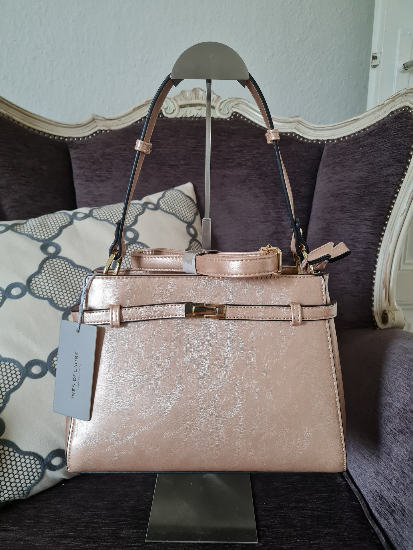 Handtasche, Umhängetasche Ines Delaure beige gold fächer trend geschenk