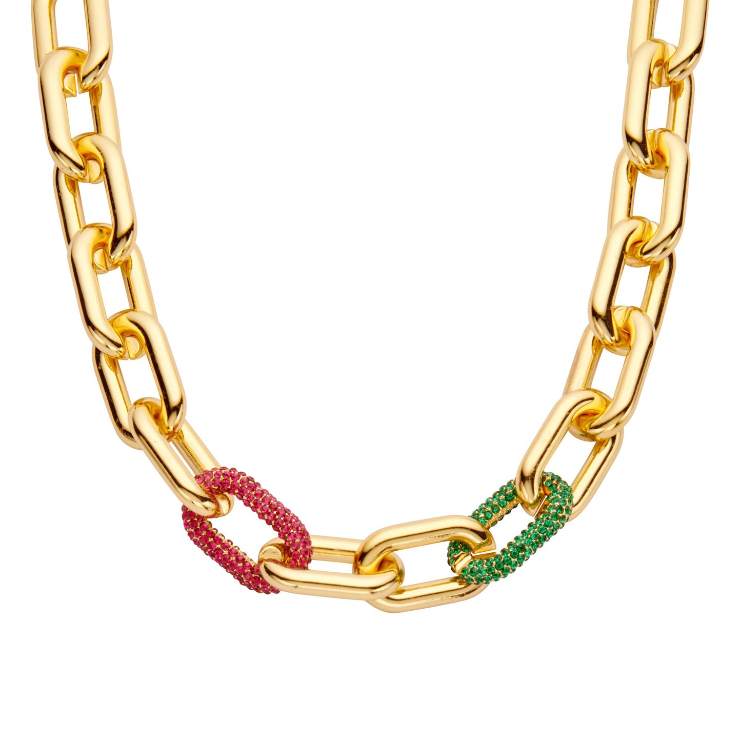 Halskette nickelfrei Gliederkette Goldfarben Glans Strass Pink Grün Modeschmuck Biba