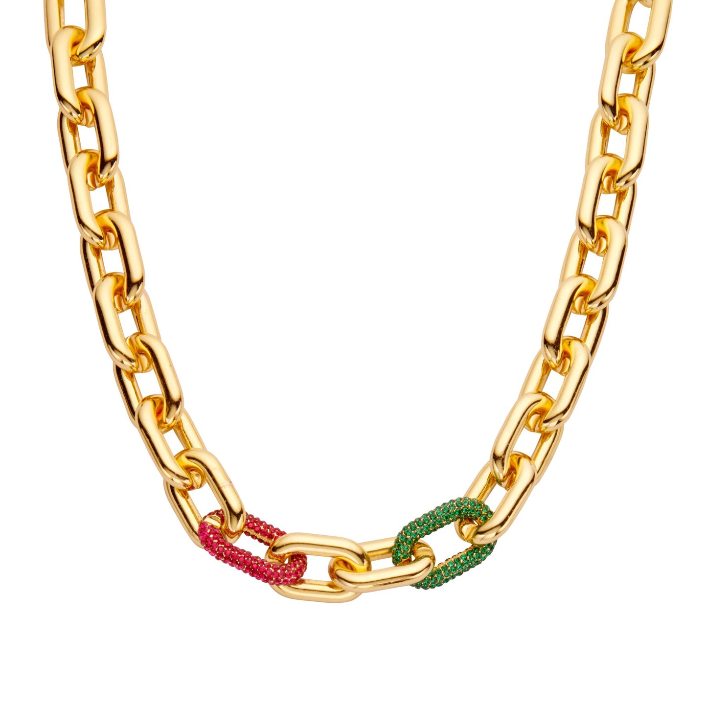 Halskette nickelfrei Gliederkette Goldfarben Glans Strass Grün Pink Modeschmuck Biba