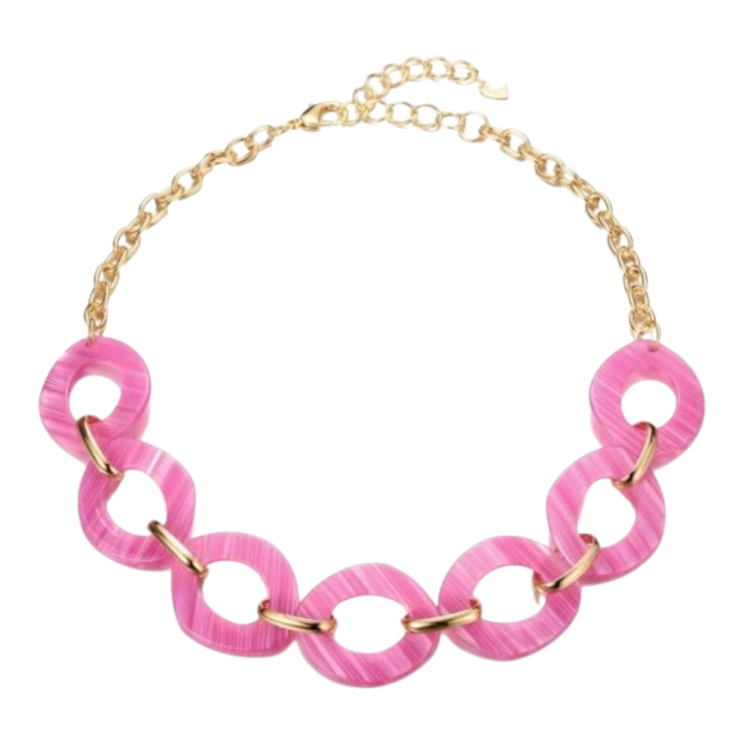 Halskette Goldfarben mit große gestreifte Pinke Glieder Nickelfrei Sweet7