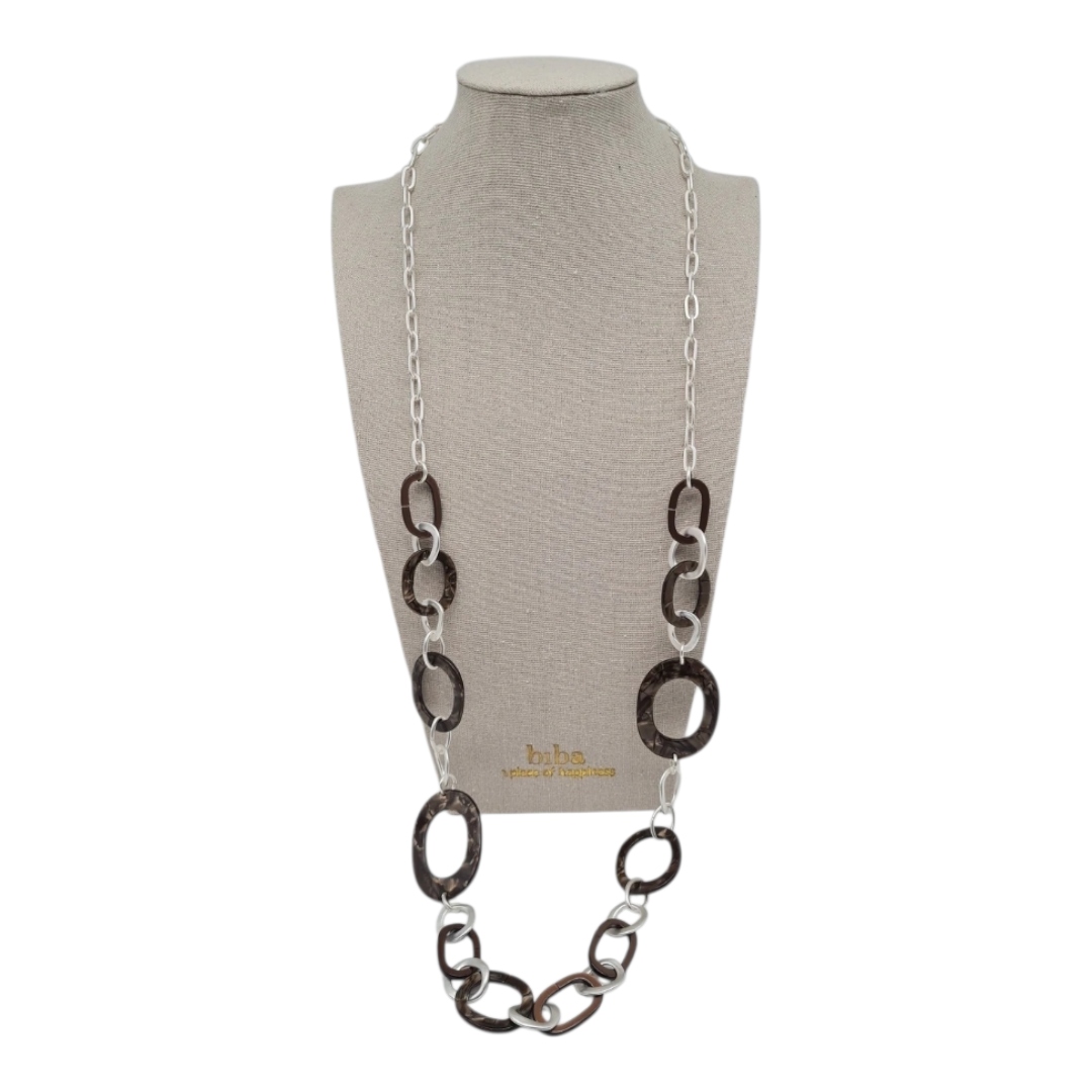 Halskette nickelfrei matt silberfarben braun Muster Modeschmuck langkette Biba
