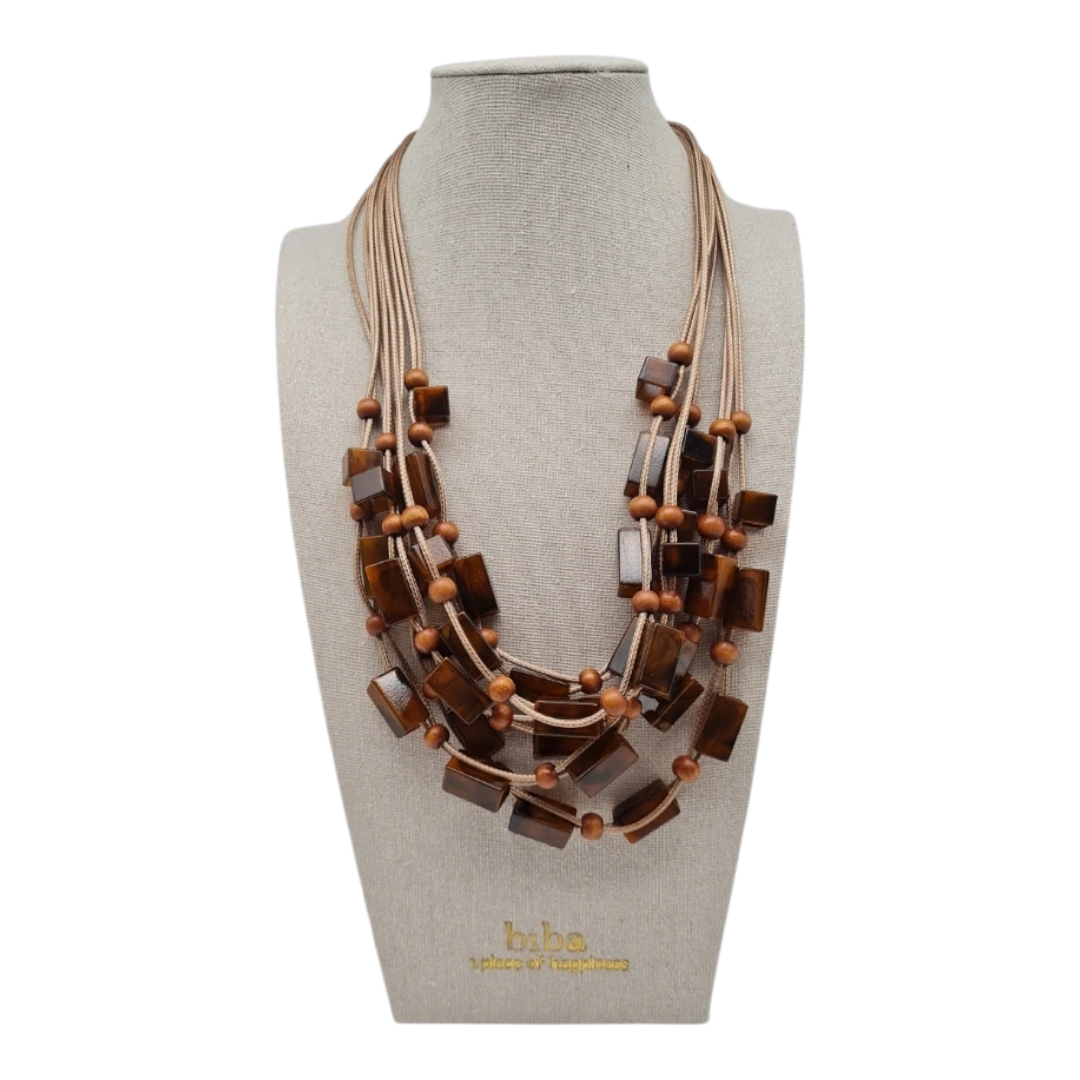 Halskette mehrfach braun Metall holz Kunstleder Resin Natur nickelfrei beige Biba