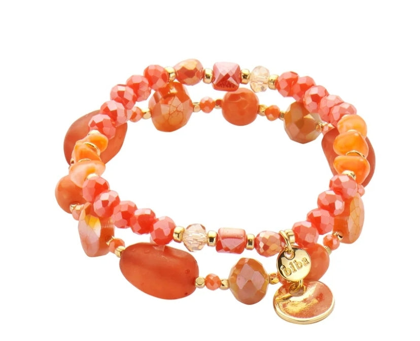 Armband Doppel-Armband Crystal Resin Perlen Orange Blassrosa Biba
