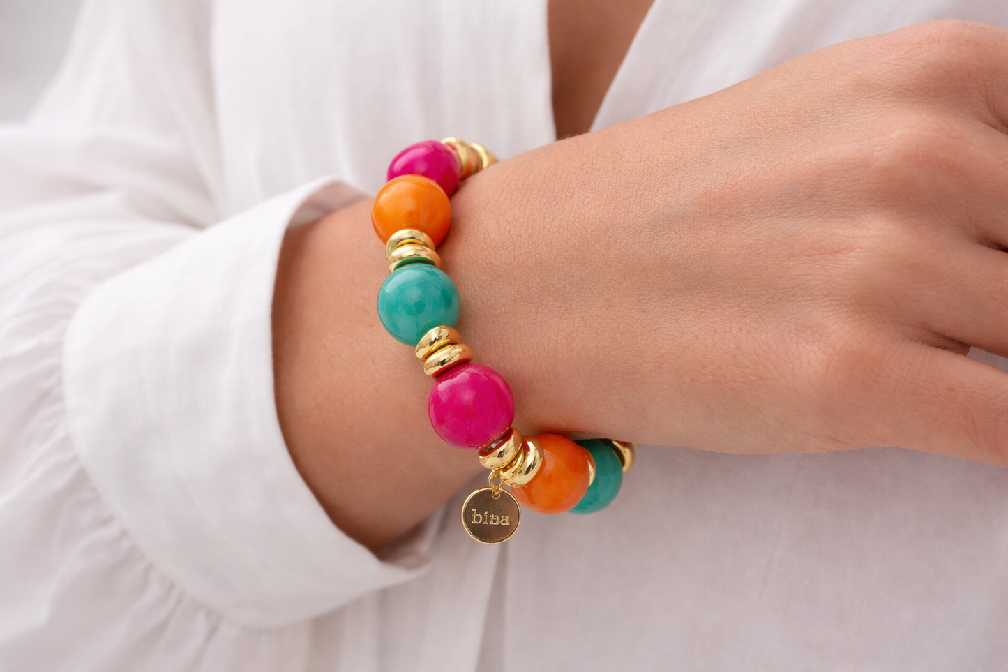 Armband Farben Treasures Space Beads elastisch Nickelfrei Biba Goldfarben