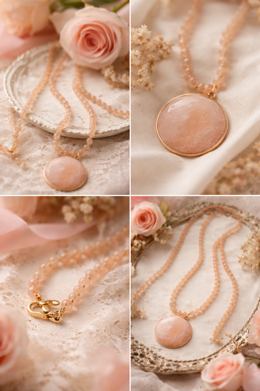 Halskette Langkette Rosa Aprikot Naturstein Medaillon Nickelfrei Romantisch BIba