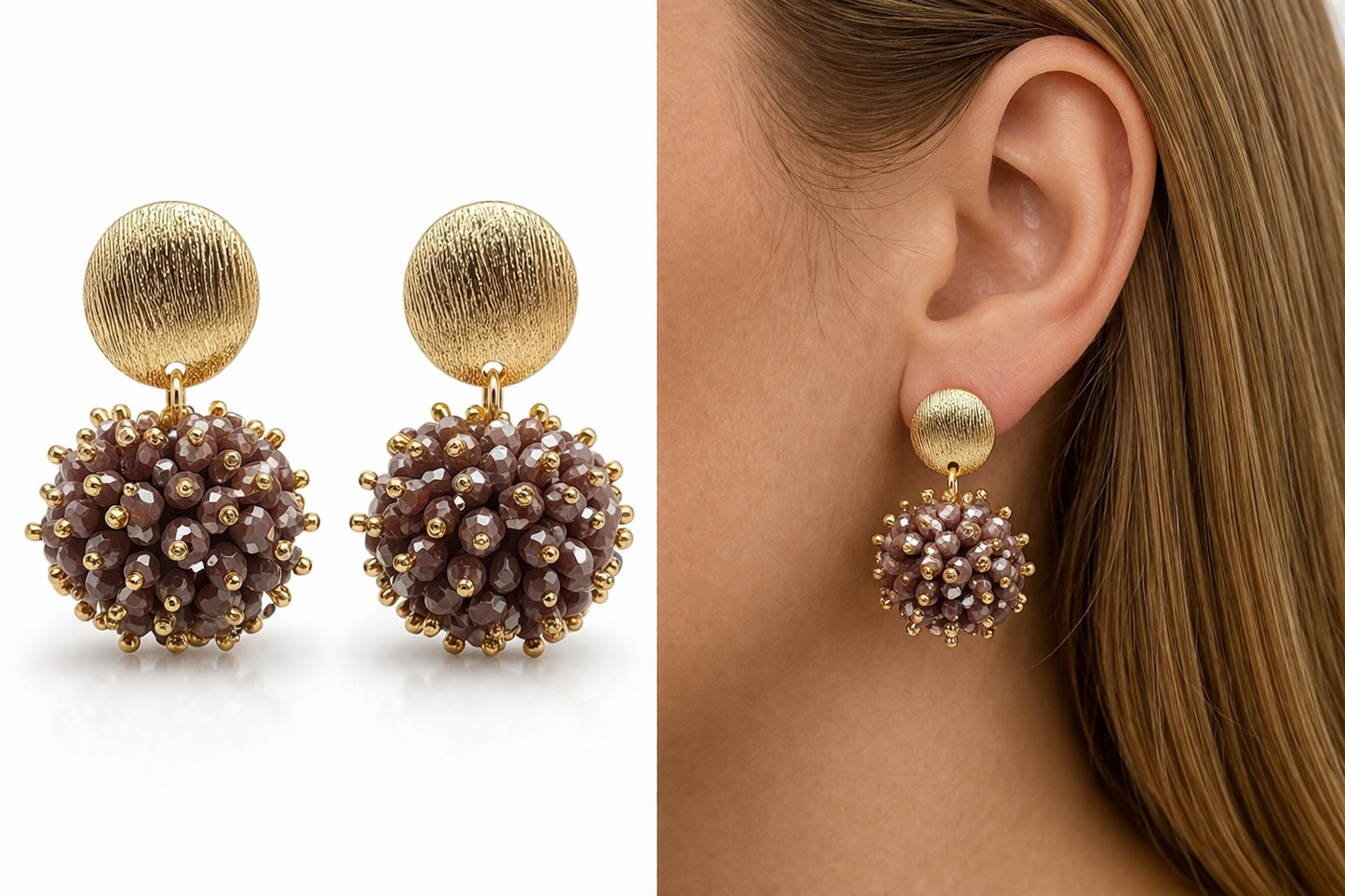 Ohrringe Ohrhänger in Beige hell- & dunkel Purple Crystal Beads Michelle Bijou