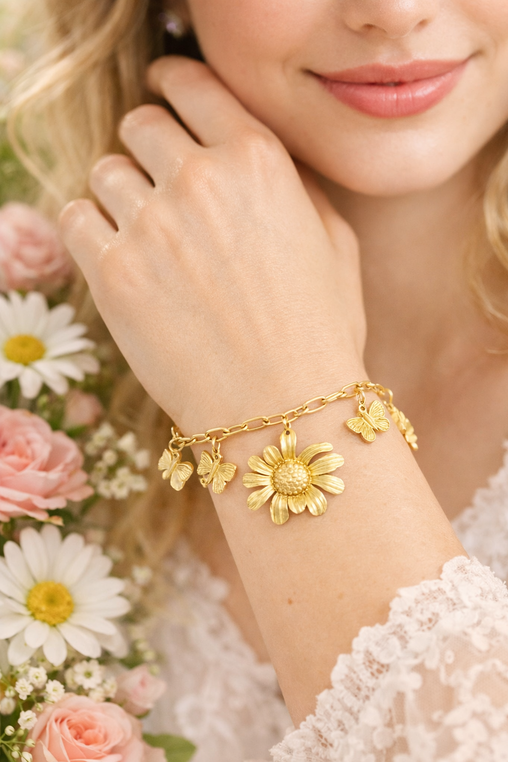 Armband „Botanical Bliss“ filigran Blumen Schmetterlinge Gold Silberfarben Nickelfrei Yehwang