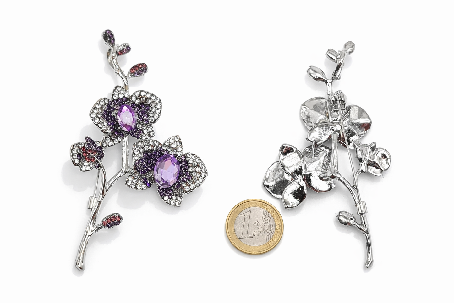 Brosche Lila Silberfarben Blumen Ast Orchidee Blütenast Modeschmuck