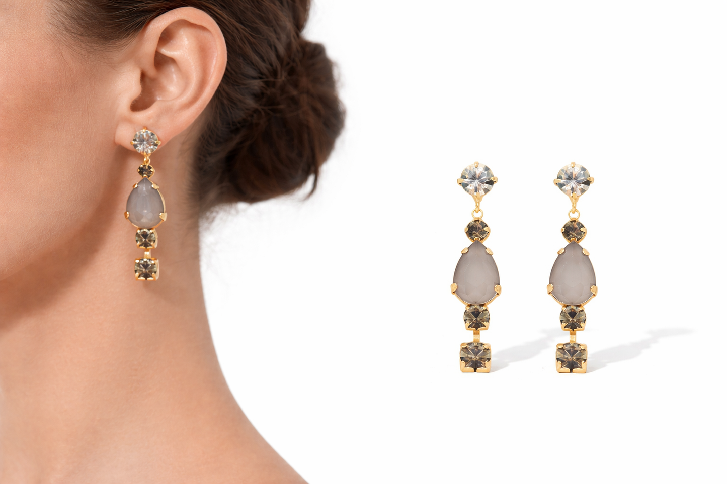 Biba Ohrringe Ohrhänger Strass Grau Mat Gold Elegant Festlich Nickelfrei