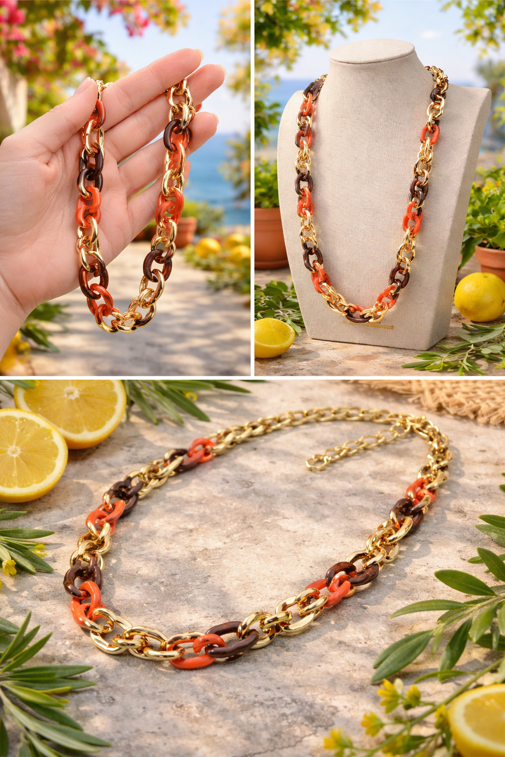 Halskette nickelfrei gliederkette Goldfarben glanz orange braun modeschmuck Biba