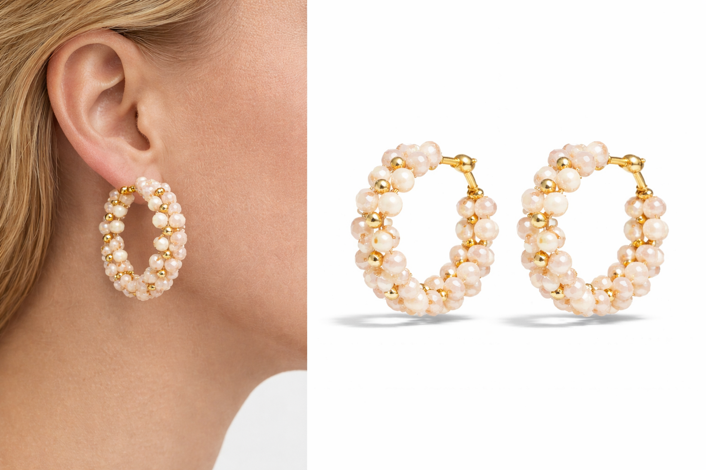 Creolen Creme-Weiße Blümchen geformt Crystal-Perlchen Nickelfrei