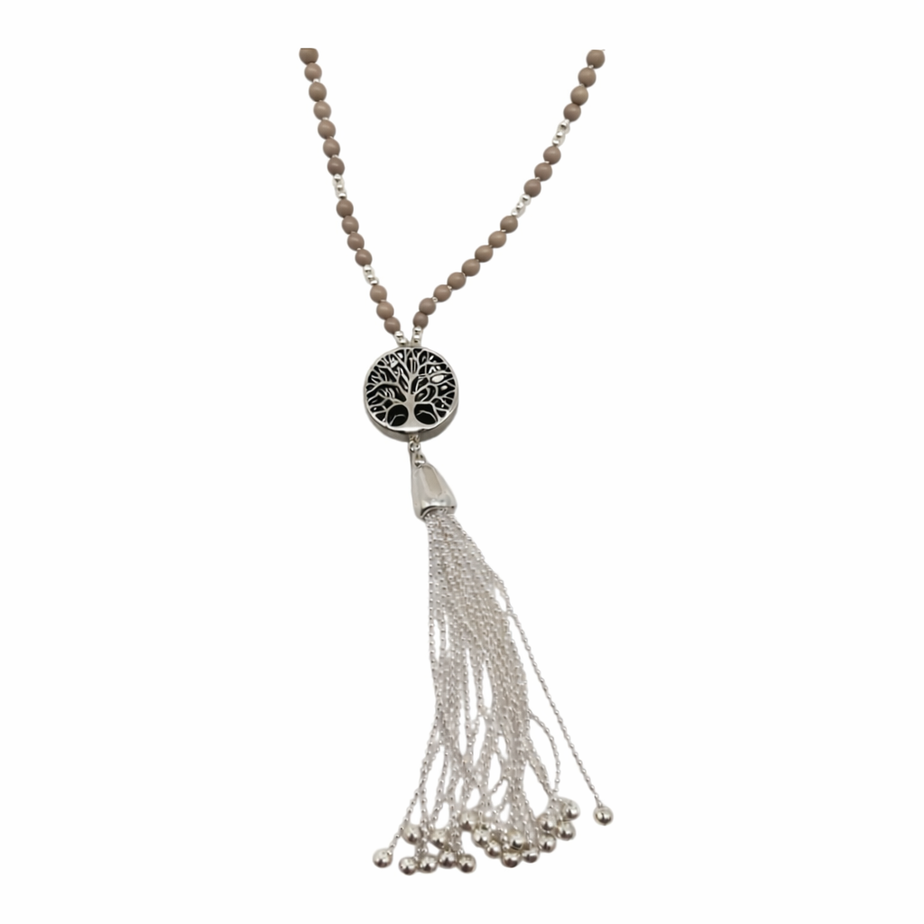 Halskette Anhänger Lebensbaum Silber Modeschmuck Schwarz Taupe Naturtöne Biba