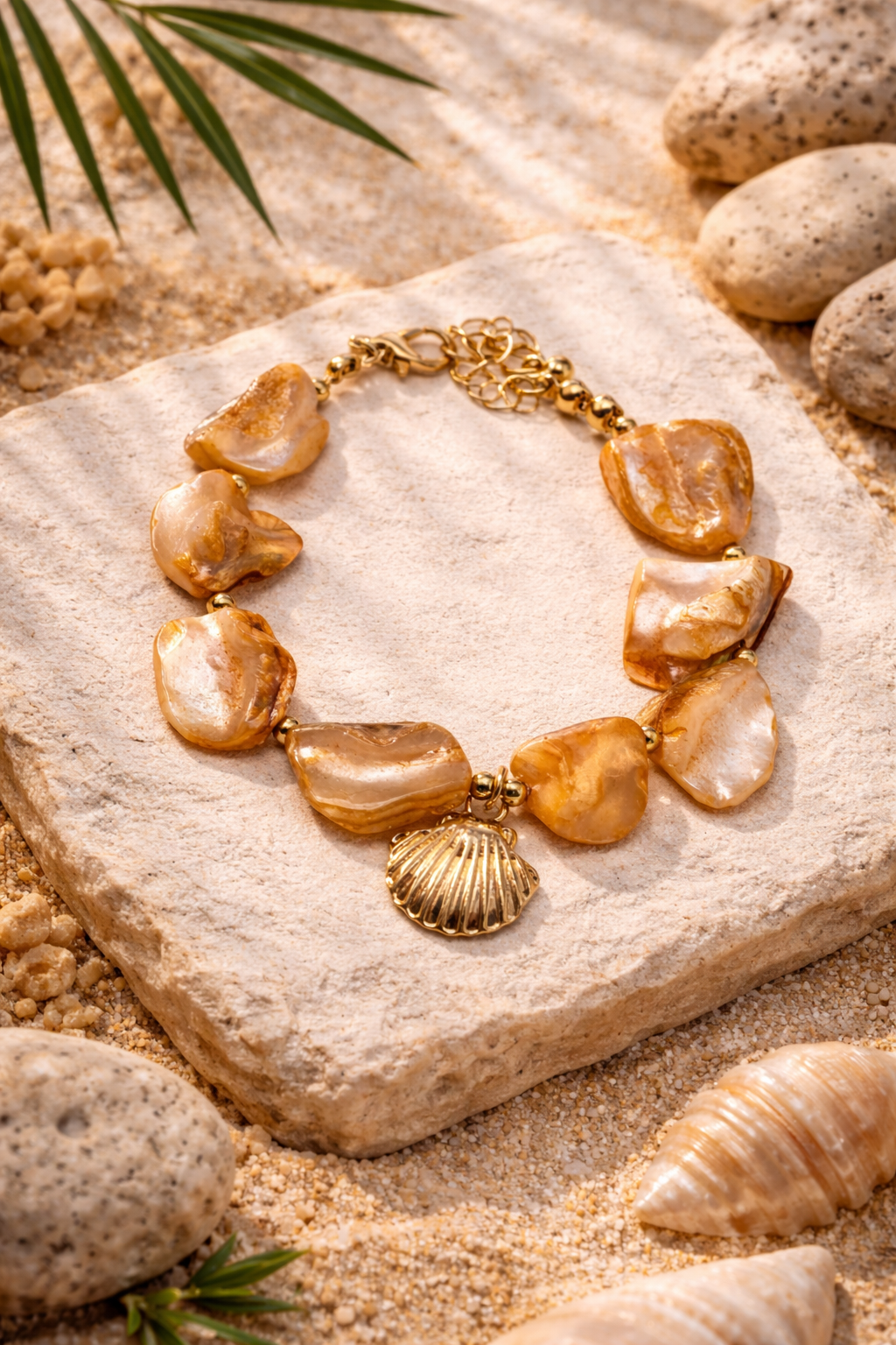 Armband Edelstahl Cosmos Natur Meer Muschel Orange Beige Nickelfrei