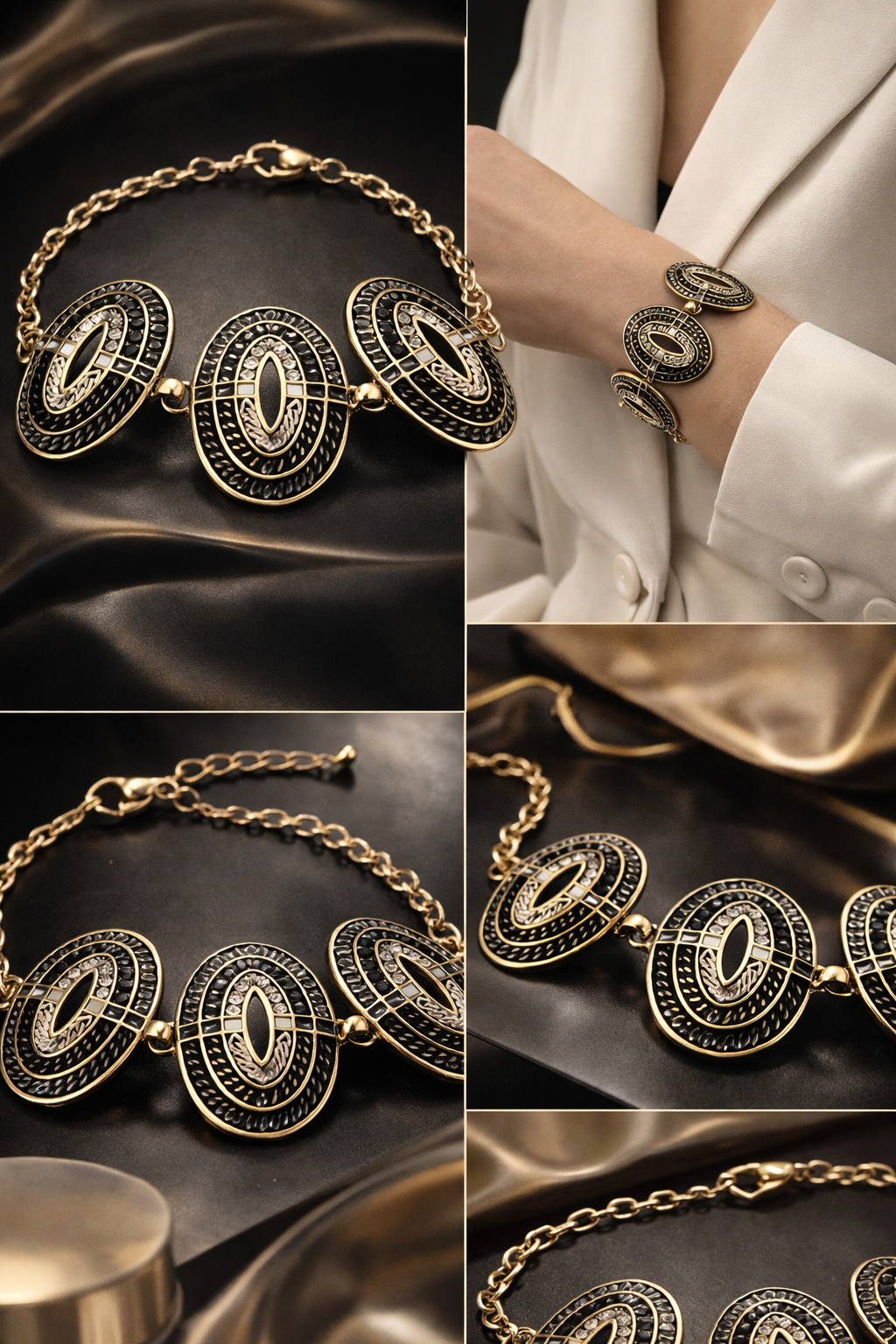 Blossom Bijoux Armband, Kristall Strass Armband, Goldfarben Schwarz, Statement