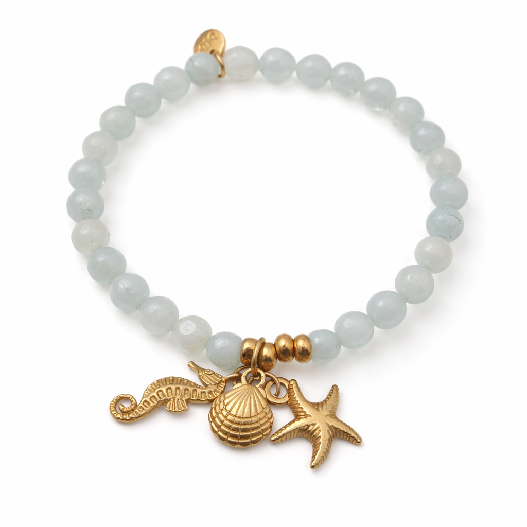 Armband elastisch Helltürkis Hellblau Anhänger Muschel Seestern Seepferdchen Biba