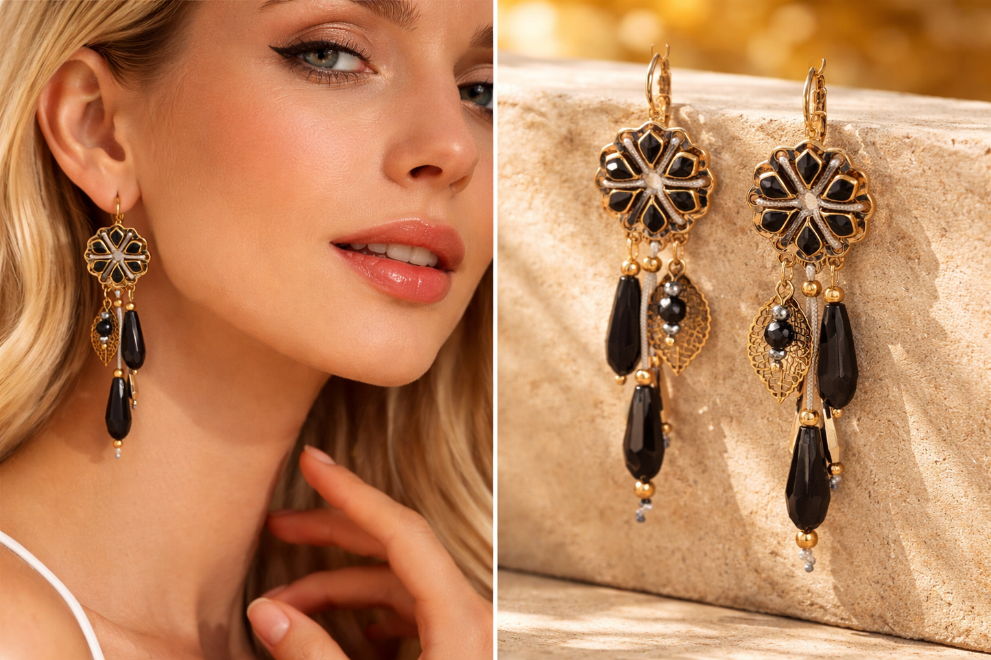 Biba Ohrhänger Ohrringe Schwarz mit Anhänger verspielt Boho Stil