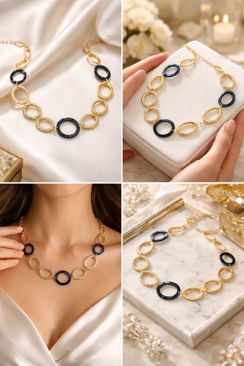 Halskette nickelfrei Goldfarben Blau Modeschmuck kurzkette festlich Modeschmuck Biba
