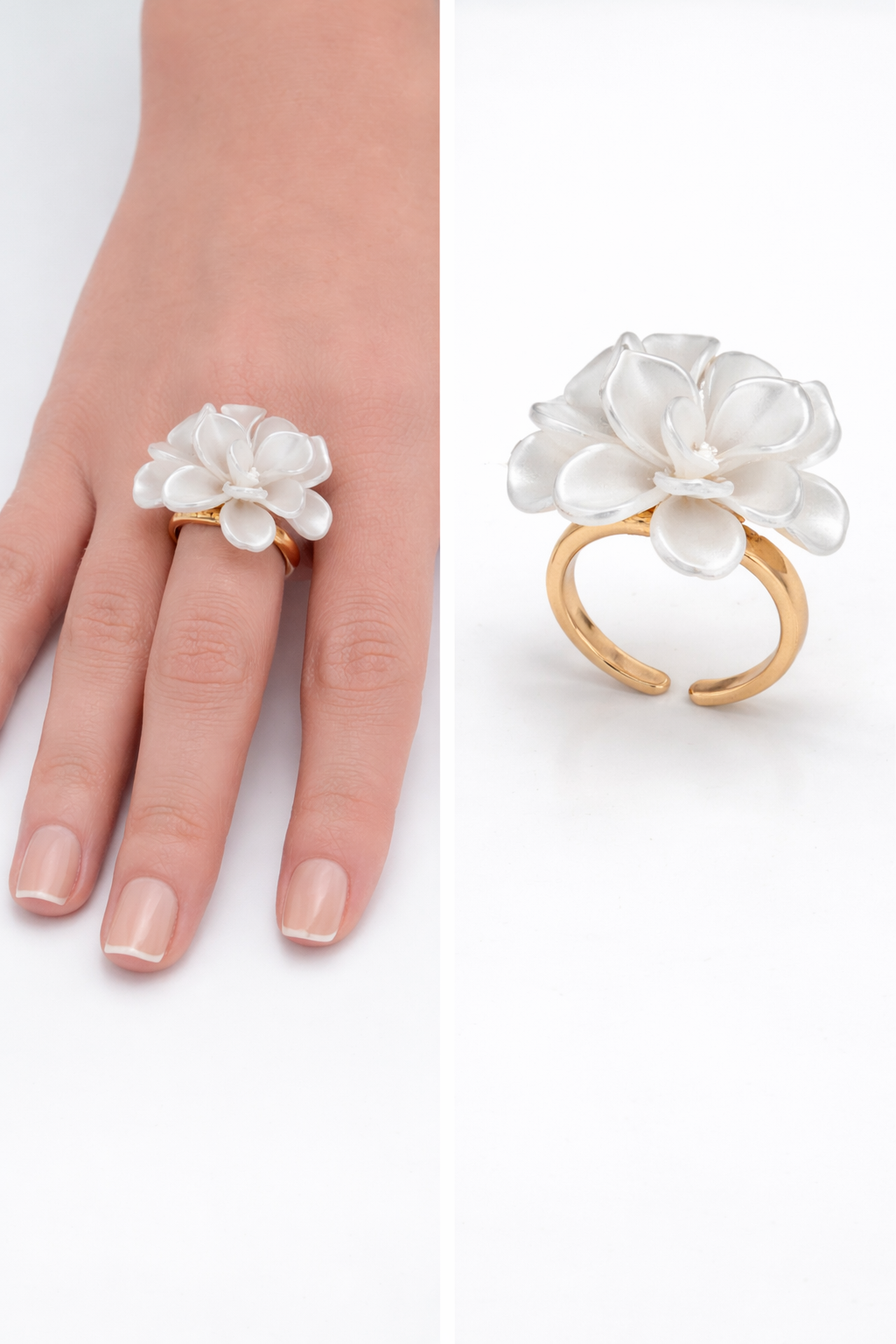 Ring Goldfarben verstellbar mit große Perlmutt Blume Cosmos