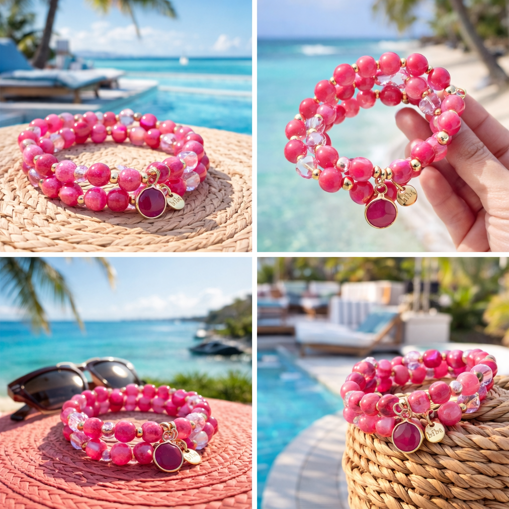 Armband Doppel-Armband Pink mit Anhänger Urlaub Strand Freizeit Party Biba