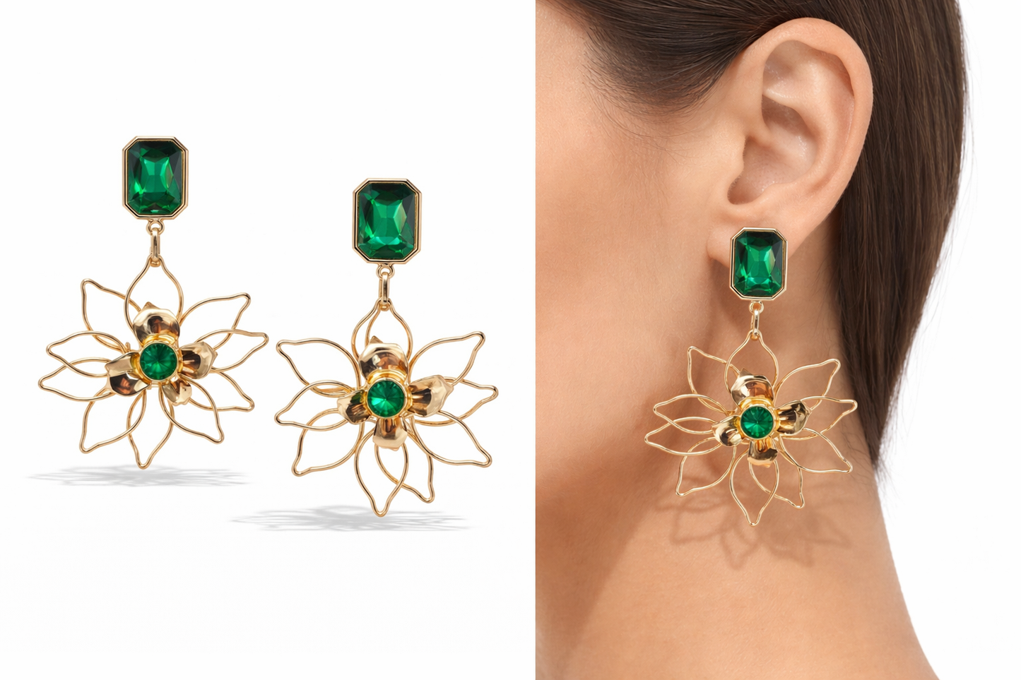 Ohrhänger Funkelnde Ohrringe Blumenanhänger Grün Straß groß Statement Yehwang