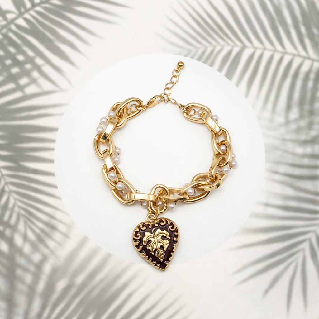 Armband Große Gliederkette mit eingewebte Perlen und Herzanhänger Cosmos
