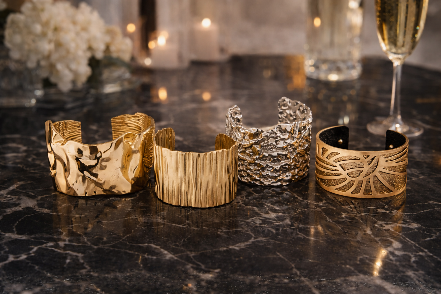 Armreif goldfarben Nickelfrei Silberfarben Muster Relief Cosmos