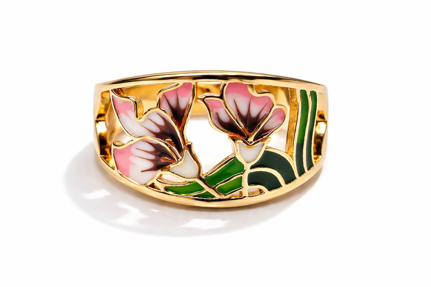 Ring Jungendstil Blumen Muster Goldfarben Rosa Grün Nickelfrei Große 8 9 10 Amorino